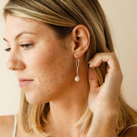 Silver Paperclip Baroque Pearl Earrings