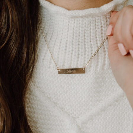 Image of model wearing Engraved Gold-Filled Name Bar Necklace