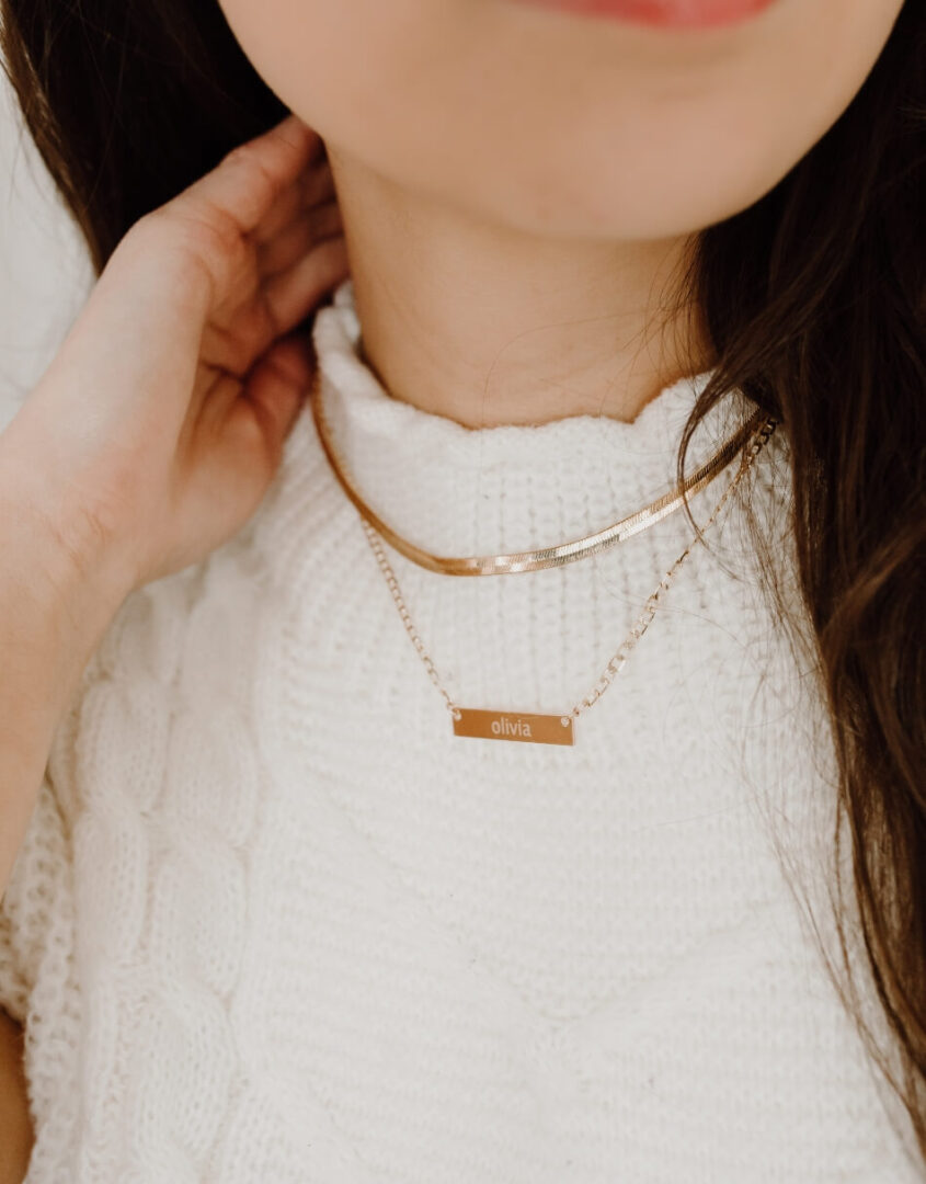 Image of model wearing Layered Gold-Filled Herringbone Name Bar Necklace