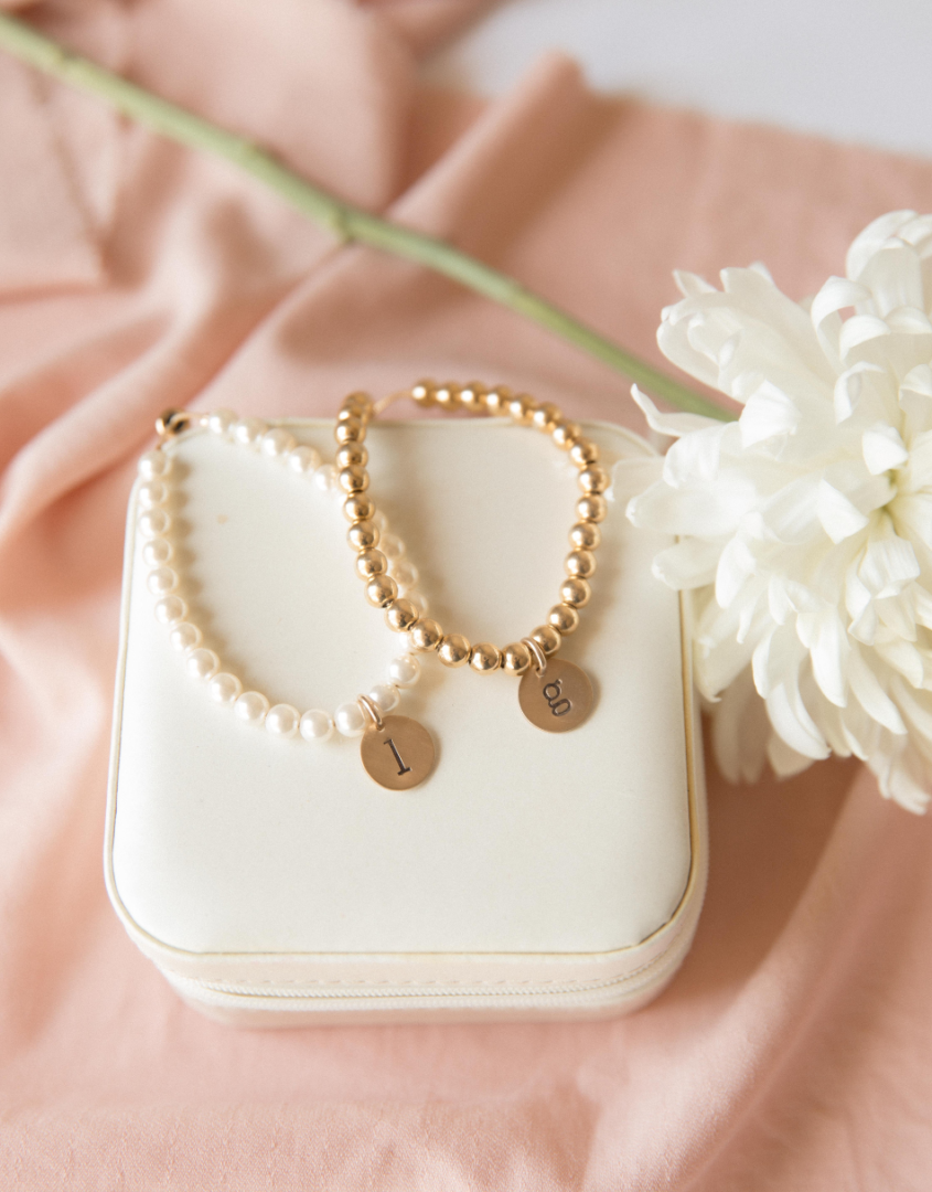 Pearl or Gold Filled Bead Bracelet With Initial Charm