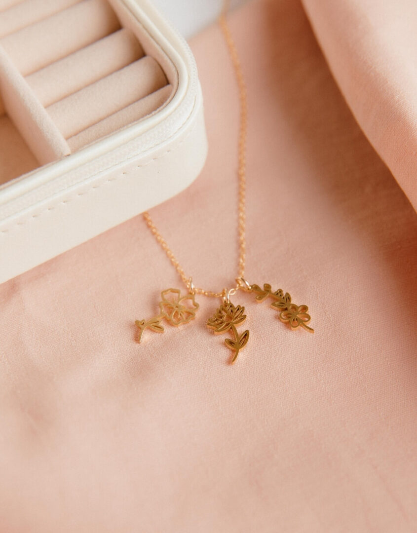 Golden Birth Flower Charm Necklace with 3 Birthflowers