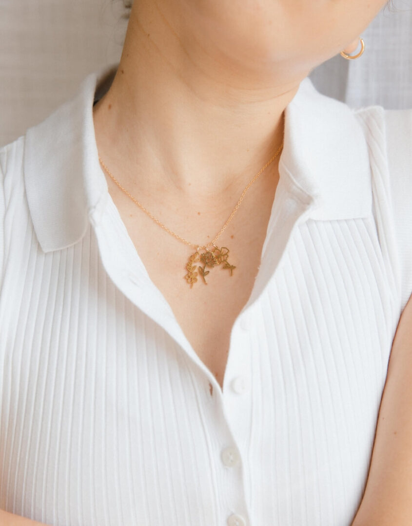 Golden Birth Flower Charm Necklace with 3 Birthflowers