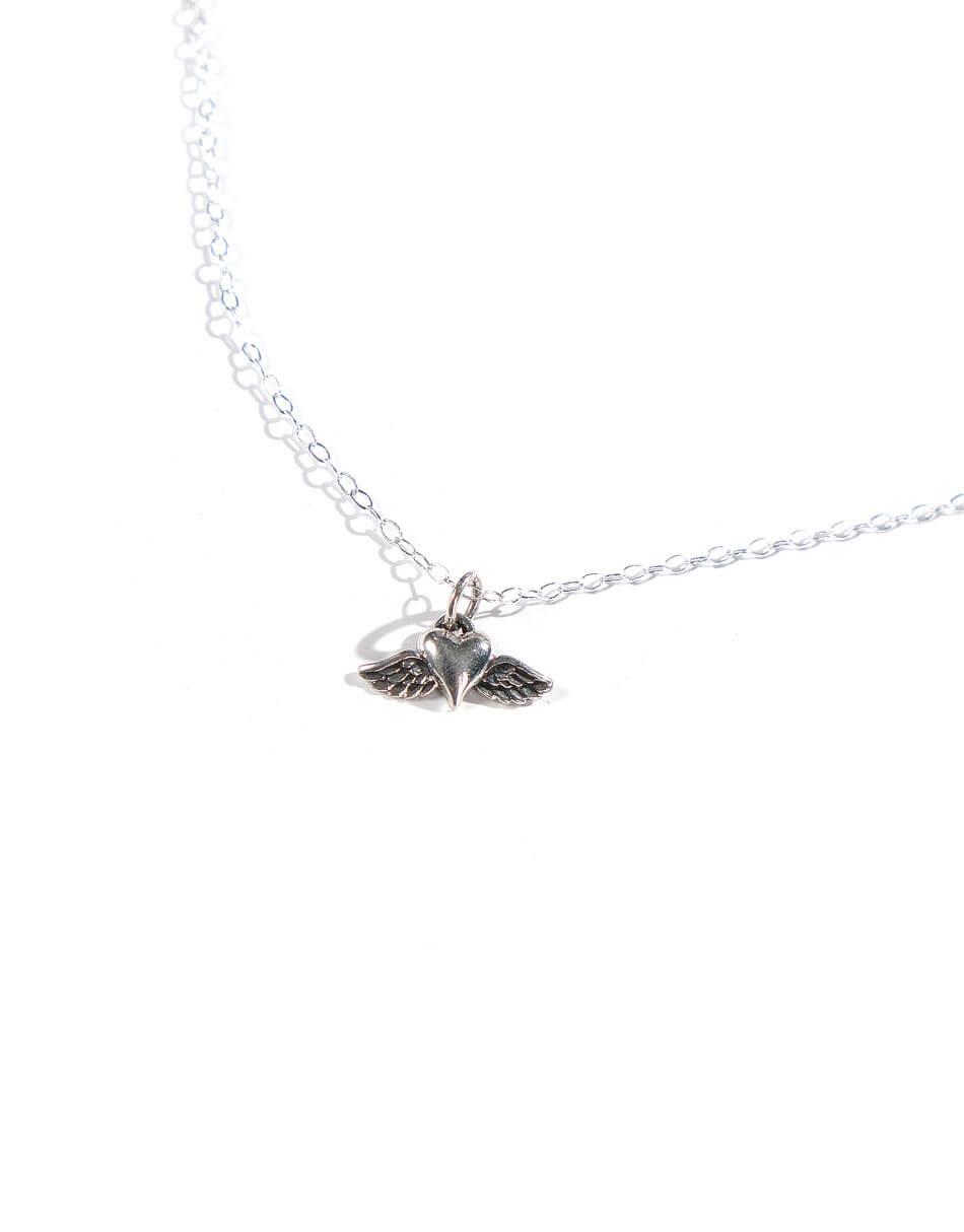 Sterling silver heart with wings, hung on a sterling silver dainty chain. Perfect gift for someone who just lost a loved one