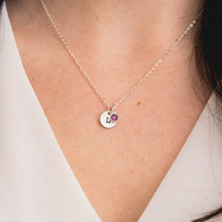 Dainty Silver Initial & Birthstone Necklace