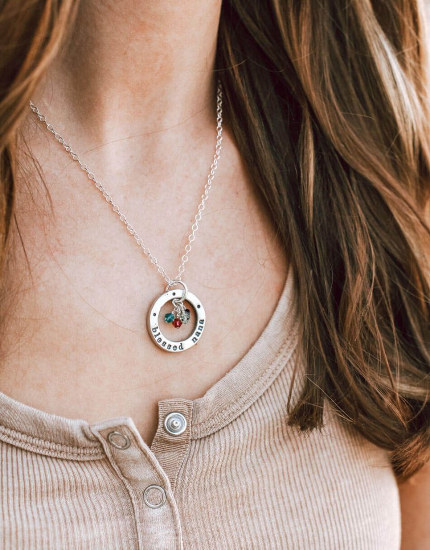 Beautiful handmade washers, hand cast in fine pewter, hand-stamped with “blessed nana”. Add small genuine swarovski birthstone for each grandchild