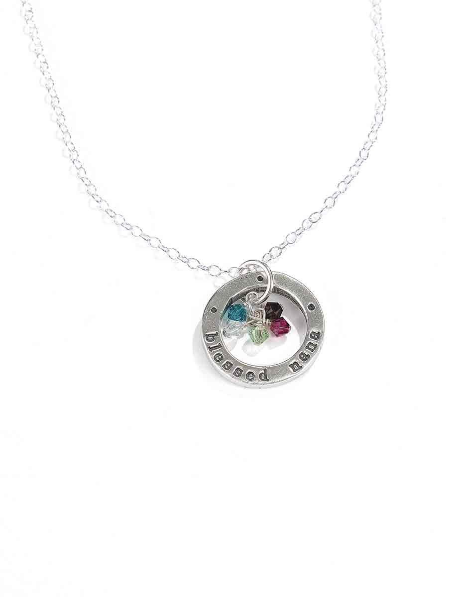 Best personalized necklace for grandma or nana. Hand stamped sterling silver disc along with birthstones of grand kids