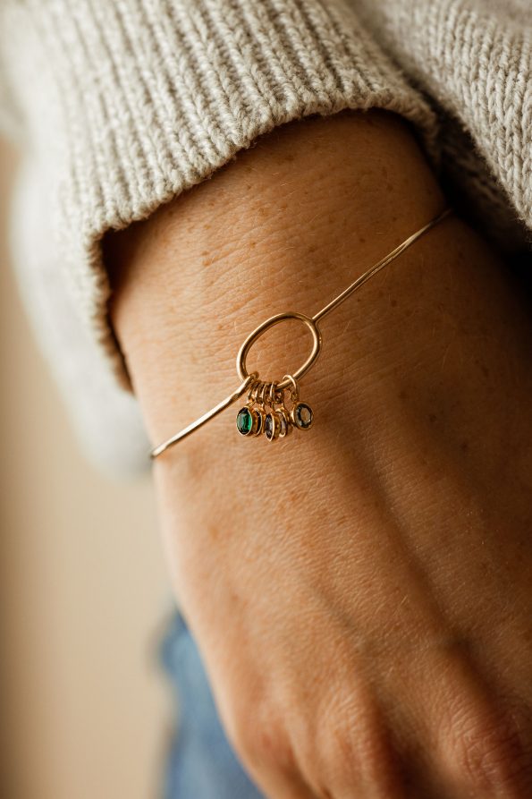 close gold hook bangle birthstone bracelet