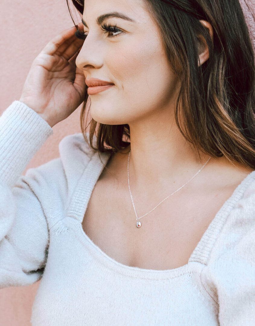Dainty disc necklace embedded with a Swarovski birthstone crystal. Perfect gift for friend, sister, wife
