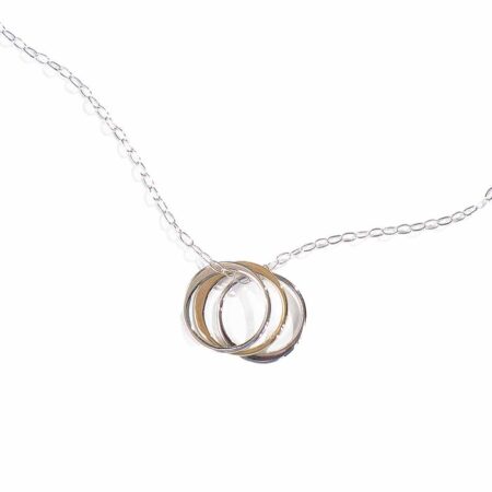 2 sterling silver circles and 1 gold-filled circle, hung on a sterling silver dainty chain. Perfect gift for wife on anniversary