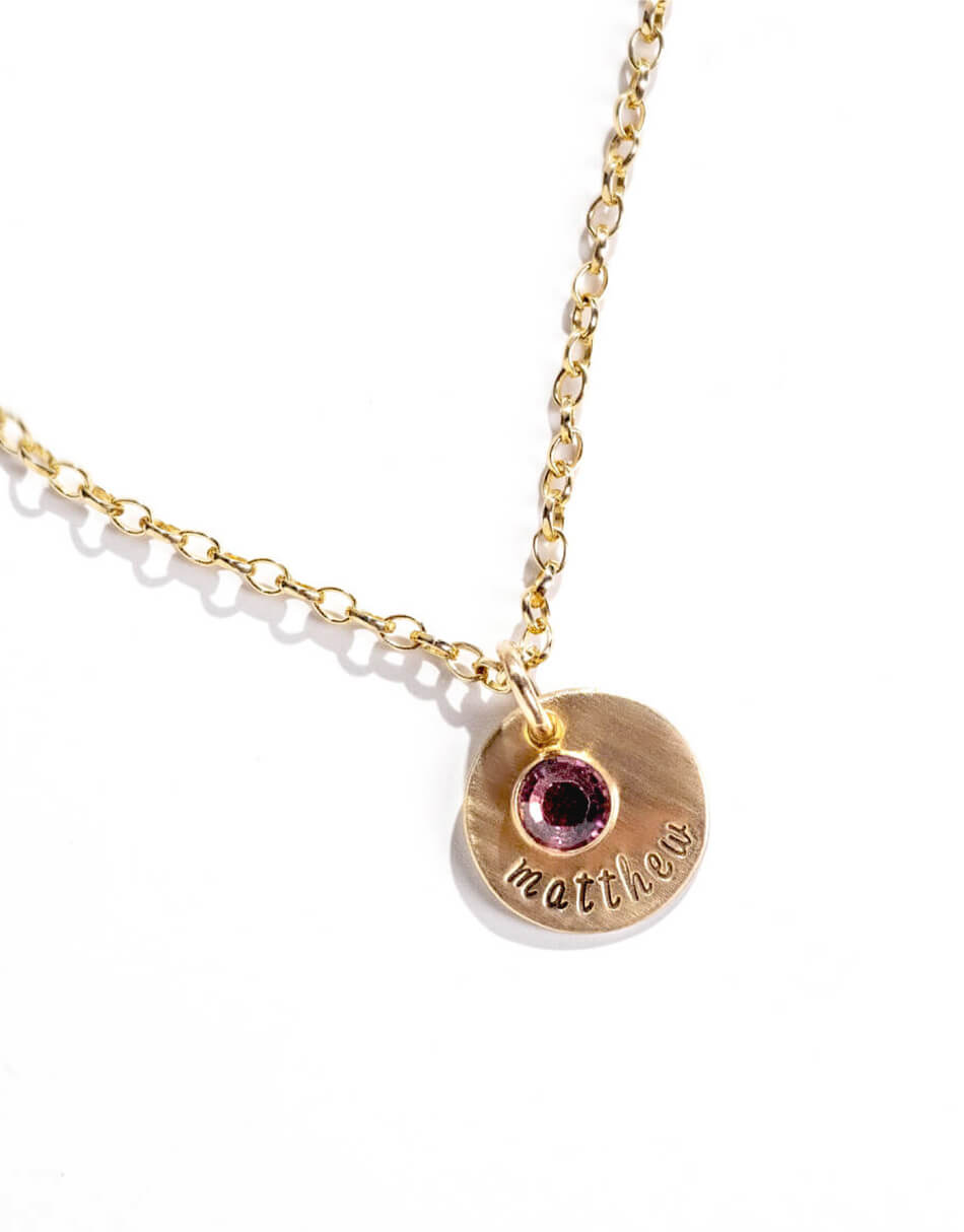 Personalized birthstone necklace hand stamped with a name. Perfect jewelry gift for mom, wife, sister