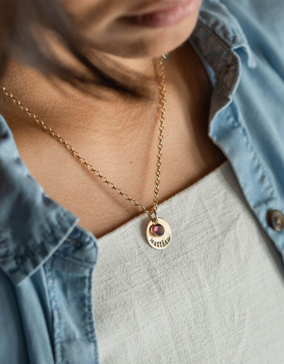 Gold-filled dainty disc and a birthstone. Personalize necklace by getting the name hand stamped