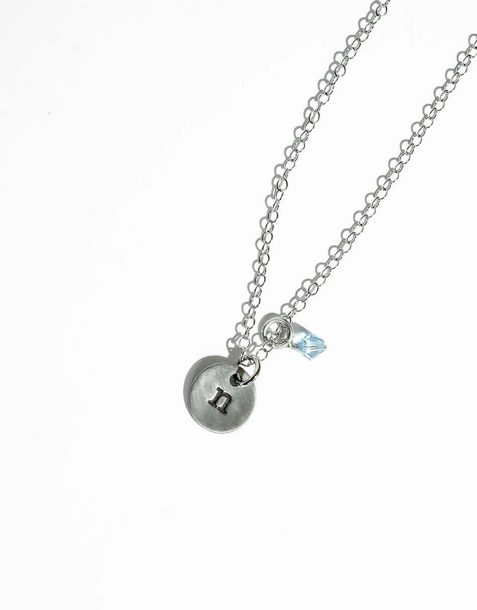 Fine Pewter dainty disc charm hand stamped with initial. Personalized initial jewelry for mom, wife, daughter