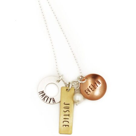 Create a beautiful mixed metals charm necklace with names engraved on them. Perfect gift for a mom or grandma