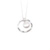 Classic Mother of Pearl necklace with a dainty sterling silver circle, hand stamped with names. Personalized jewelry for a mom