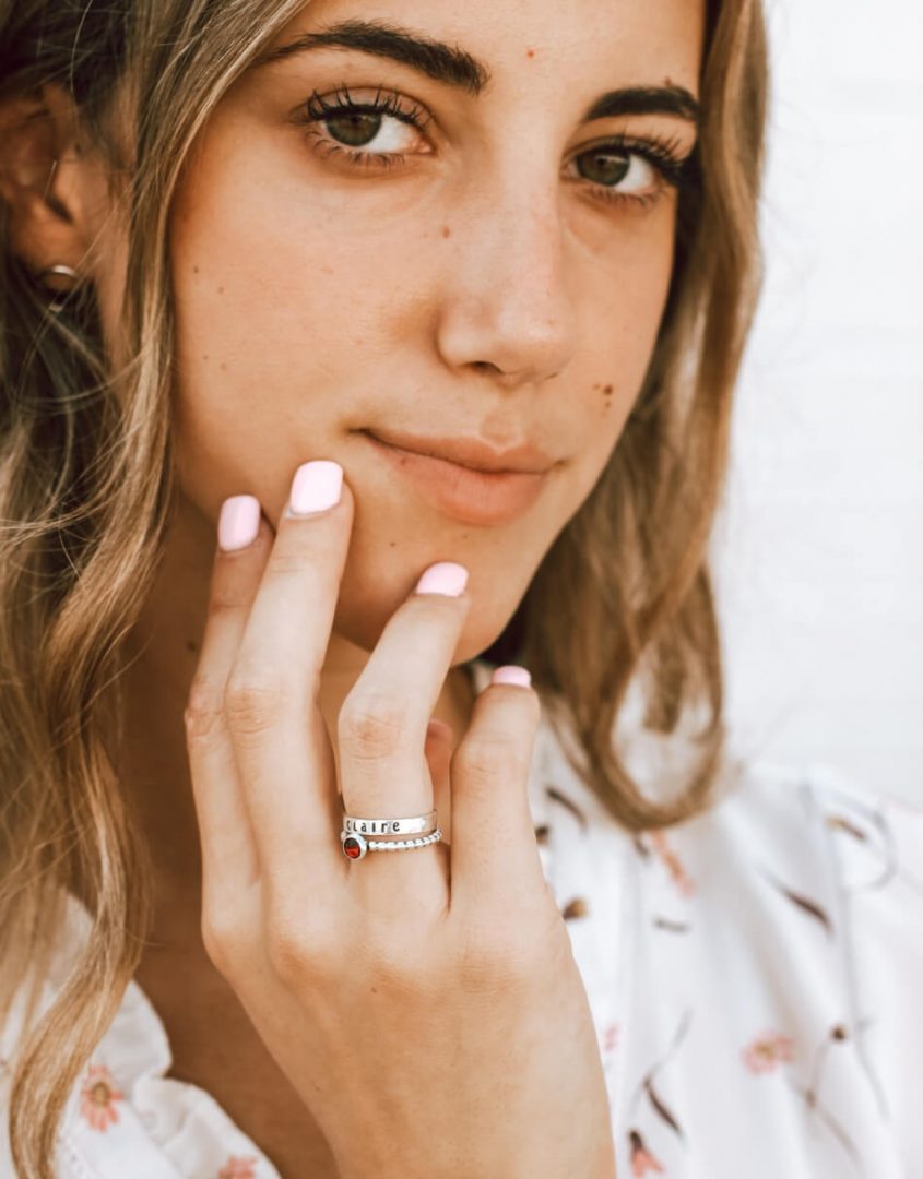 Sterling Silver Ring with Name and Birthstone. Rings can be stacked to create a unique look