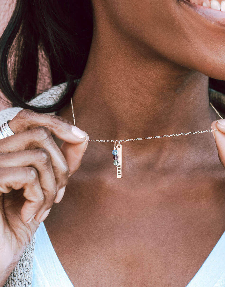 Our family birthstone rectangle necklace engraved with name or date. Add the family birthstones to it. Perfect gift for mom, grandma