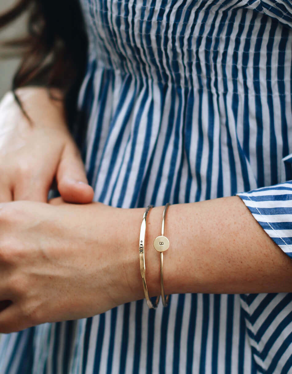 Simple initial bangle in sterling silver or gold filled, hand stamped with initial. Personalized bracelet for grandma