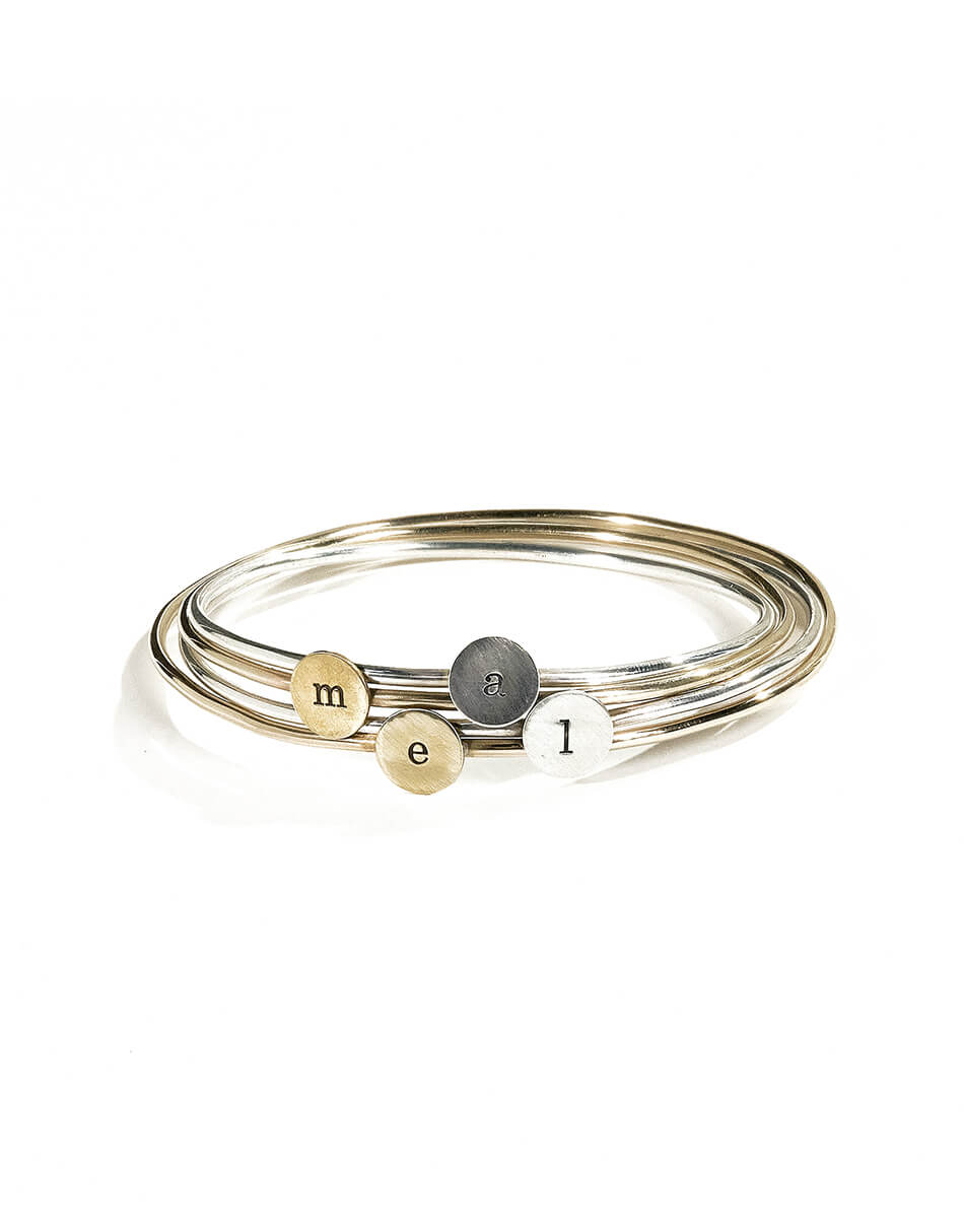 Simple initial bangle in sterling silver or gold filled. Hand stamped with initial. Personalized bracelet for mom
