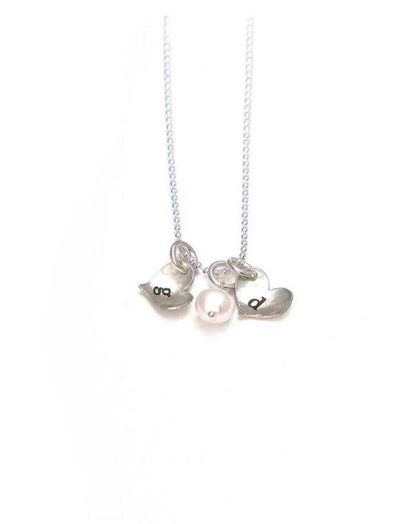 Personalized initials necklace for mom, wife. Sterling silver hearts with hand stamped initials