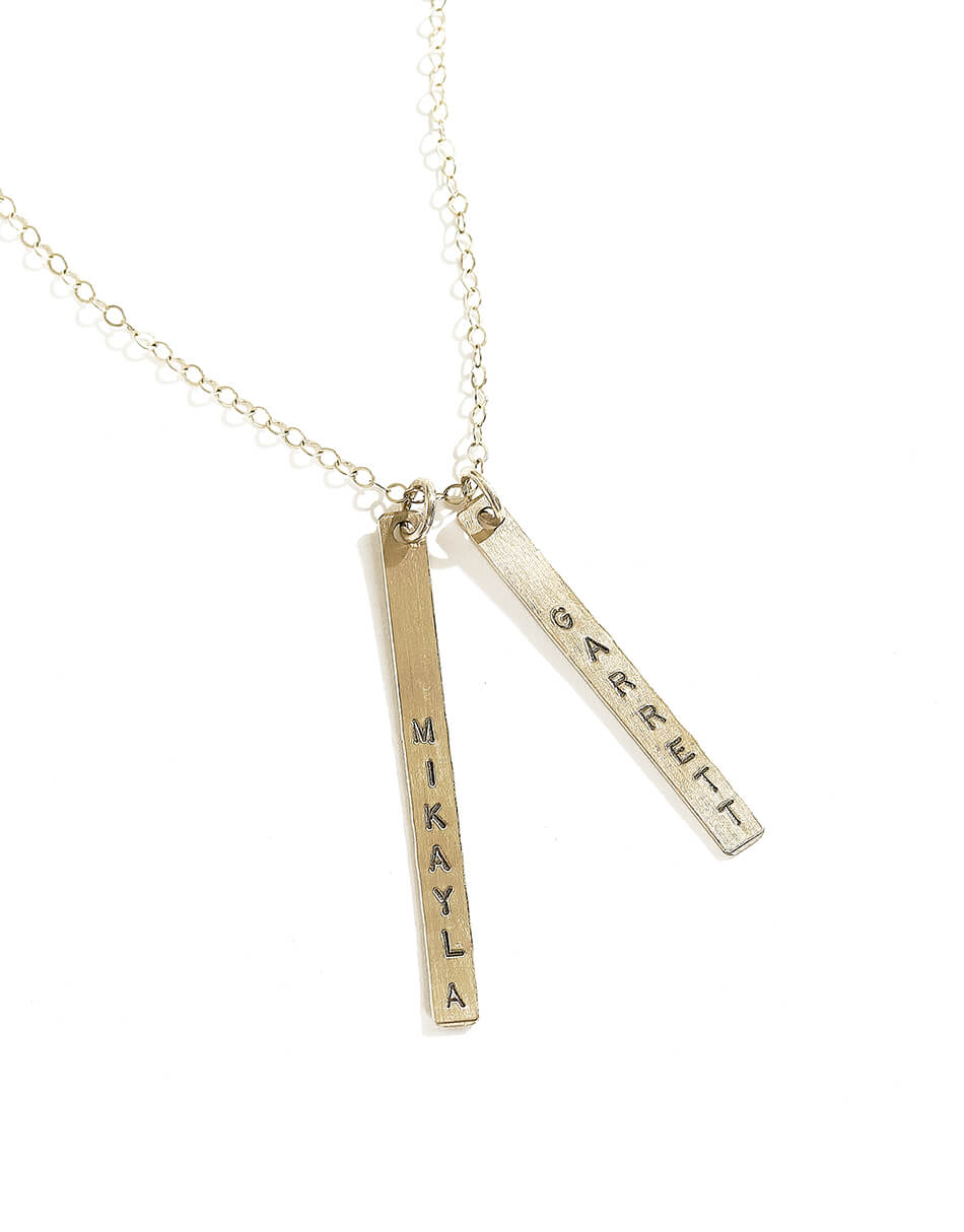 Sterling silver or gold-filled rectangle charm with name hand stamped. Perfect personalized necklace for wife