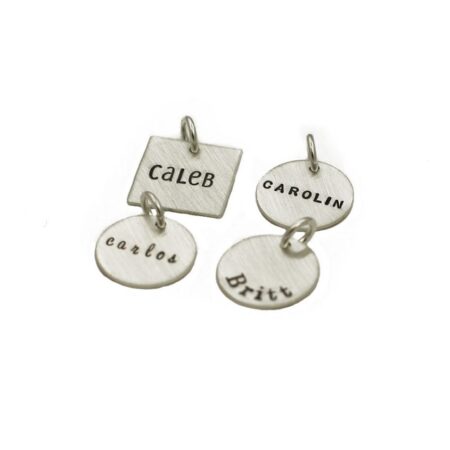 Name engraved on a dainty sterling silver circle or a square charm to add to the existing collection. Perfect gift for new mom, grandma