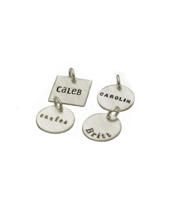 Small Charm Name engraved on a dainty sterling silver circle or a square charm to add to the existing collection. Perfect gift for new mom, grandma