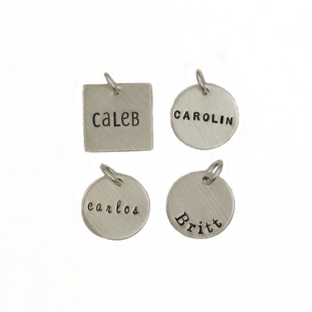 Choose between a sterling silver circle or a square charm with name engraved on it. Perfect gift for mom, grandma, wife