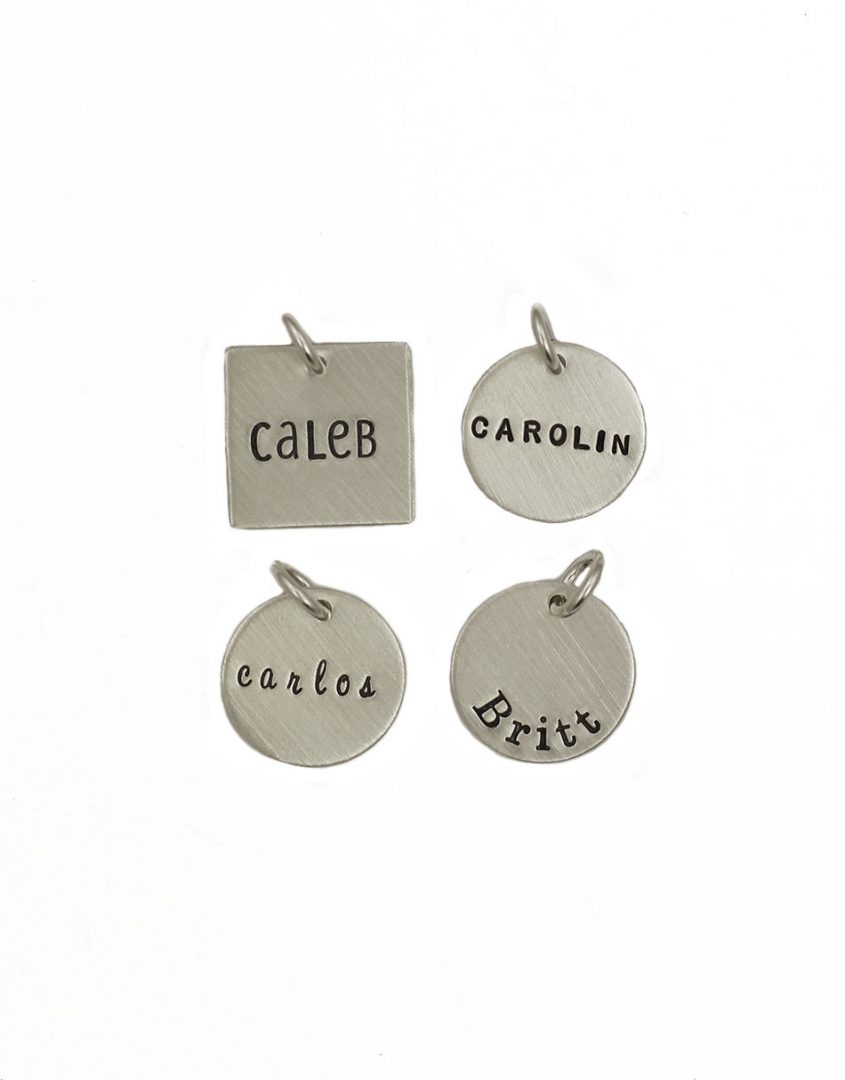 Choose between a sterling silver circle or a square charm with name engraved on it. Perfect gift for mom, grandma, wife