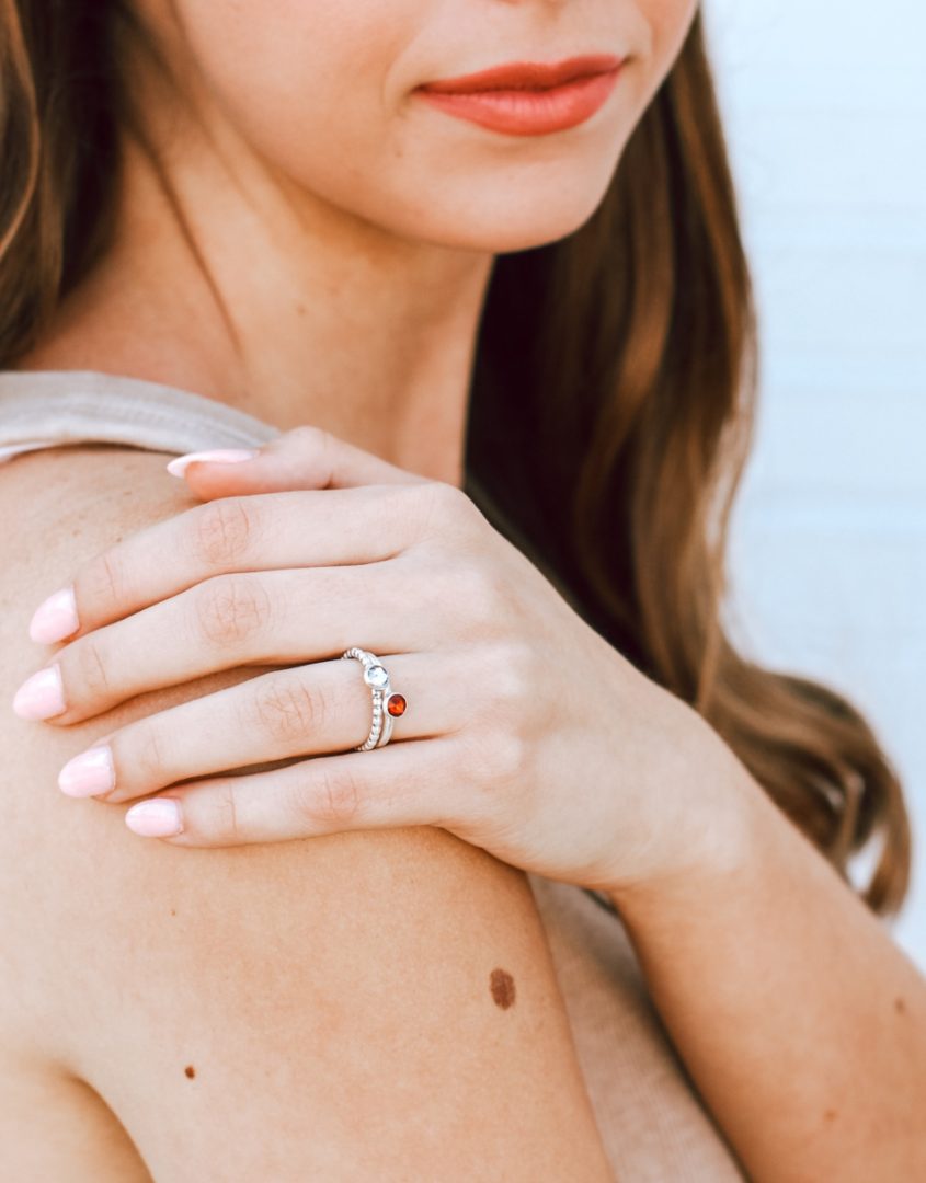 Model wearing stackable birthstone rings