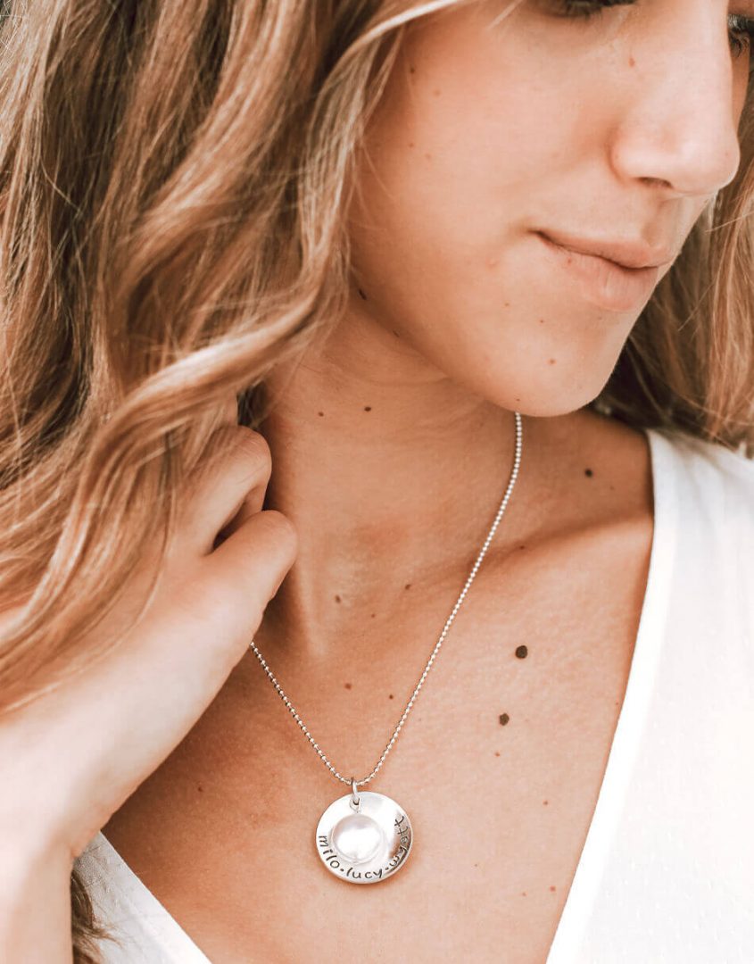 Personalized sterling silver name message necklace with mother of pearl for grandma, mom,. wife