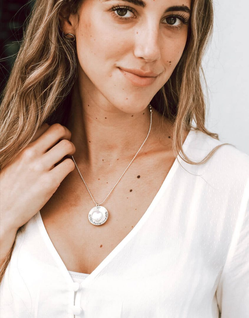 Personalized sterling silver name message necklace with mother of pearl for grandma, mom,. wife