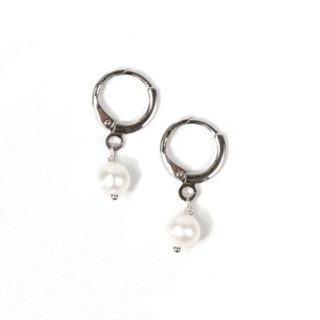 White Gold Pearl Drop Huggies