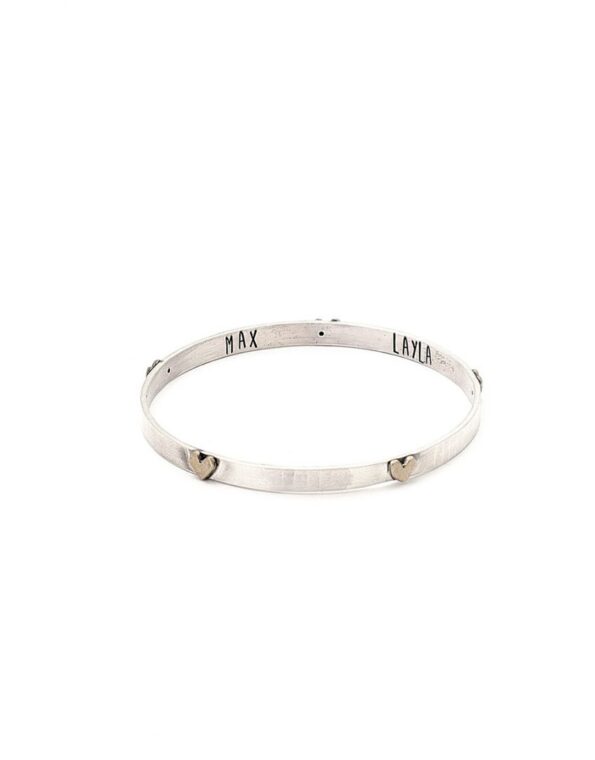 5 hearts on a beautiful bangle with the names of your loved ones hand stamped on the inside.